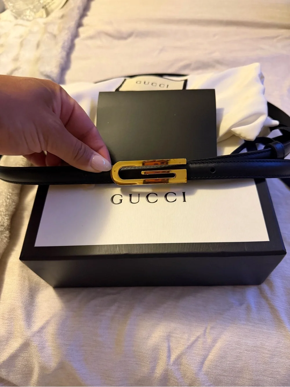 Gucci Black Leather Slim Belt with Gold G Buckle
